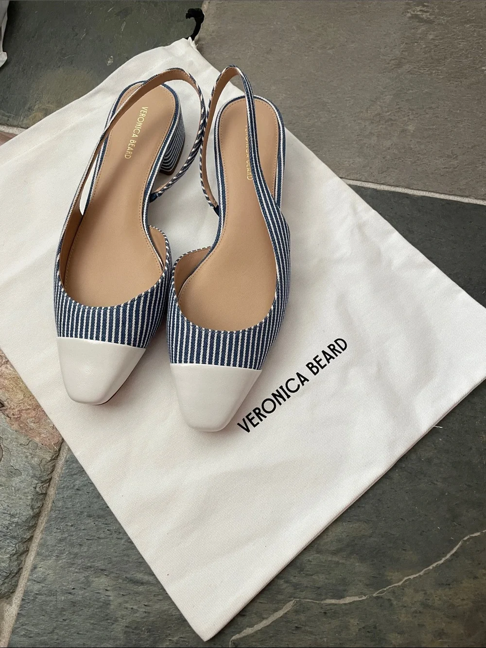 New Veronica Beard Cecile Slingback Pumps Blue White Stripe Low Heel Sz 8